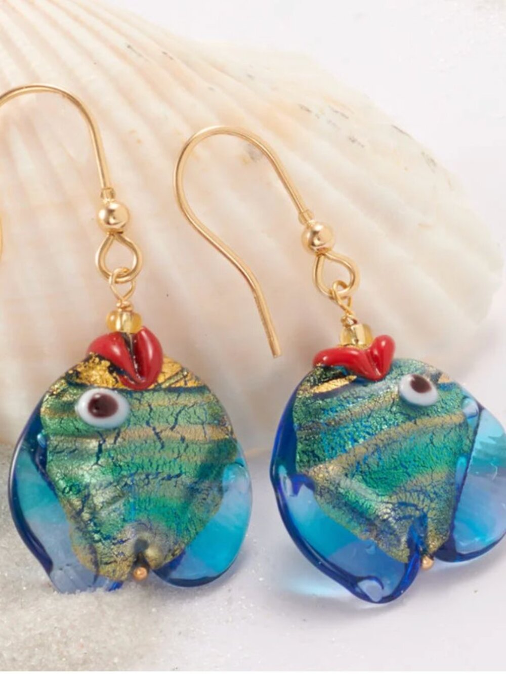 Italian Multicolored Murano Glass Fish Drop Earrings w/ 18kt Gold Over Sterling
